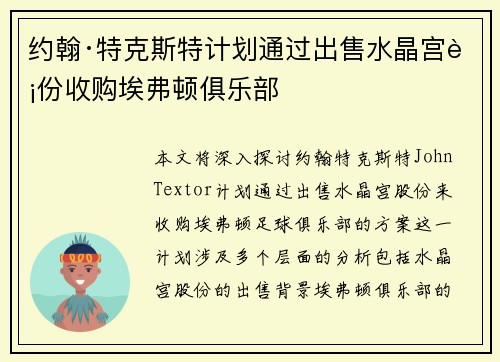 约翰·特克斯特计划通过出售水晶宫股份收购埃弗顿俱乐部