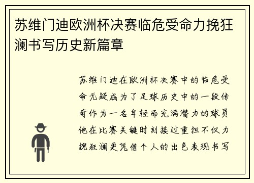 苏维门迪欧洲杯决赛临危受命力挽狂澜书写历史新篇章