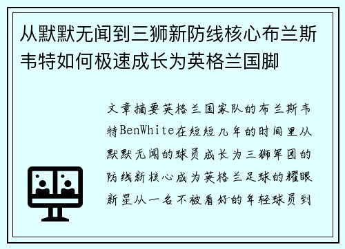 从默默无闻到三狮新防线核心布兰斯韦特如何极速成长为英格兰国脚