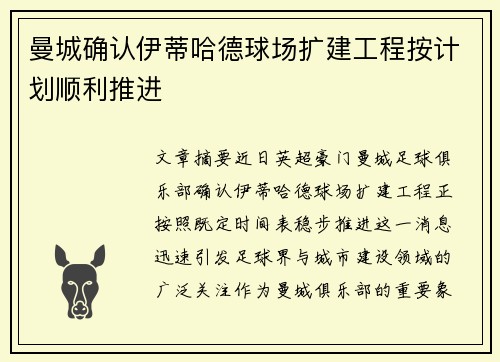 曼城确认伊蒂哈德球场扩建工程按计划顺利推进